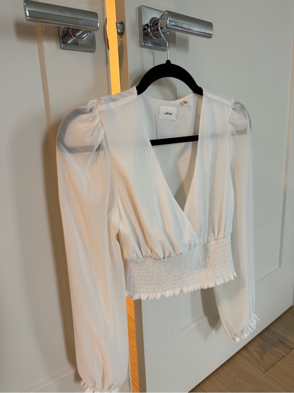 Aritzia Cream V-Neck Smocked Waist Blouse